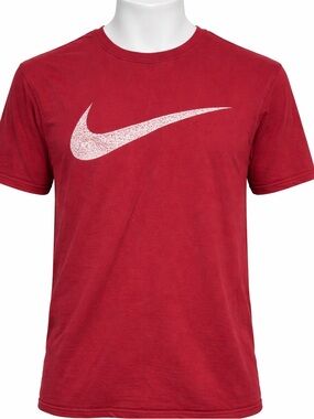 Nike Men’s Red T-Shirt with Distressed White Swoosh